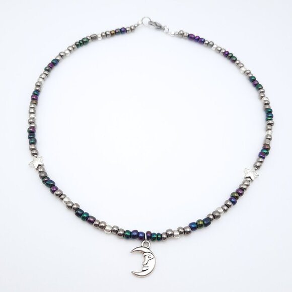 Celestial Moon & Stars Colorful Rainbow Silver Choker Necklace Handmade Jewelry - Picture 2 of 8